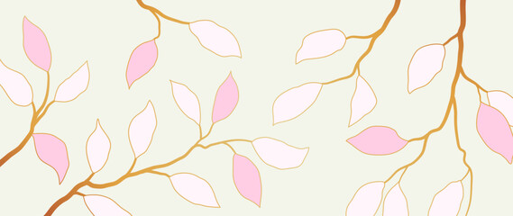 Wall Mural - Abstract vector botanical background of golden foliage texture. Luxury leafy wallpaper of tropical, leafy branches, pink leaves. Design for fabric, banner, print, design, wall decor.