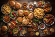© Irina Flamingo - fast food table top view hamburger hot dog snack, ai generation