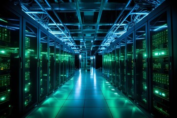 Canvas Print - A stunning image showing multiple rows of servers and network equipment bathed in light in a large scale data center, 
illustrating the infrastructure powering today's digital businesses.