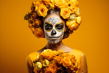 Woman In Traditional Mexican Clothing And Skull Makeup Holding A Bunch Of Marigolds; Illustration With Empty Space For Text 