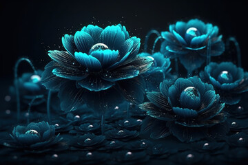 neon dark blue flowers background design, generative ai