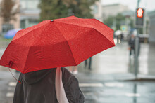 Abstract Girl Under Red Umbrella, Modern City, Rainy Evening