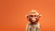 Clever monkey with glasses and orange background, Generative AI