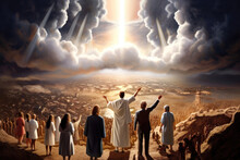 Illustration Of People Of God Awaiting The Return Of Jesus Christ In The Clouds Of Heaven With Great Glory Generative AI