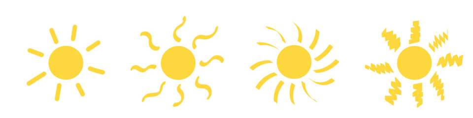 Variety of suns set. Simple yellow sun icon. Summer sunshine in a simple and cheerful style. Isolated vector illustrations on white background.