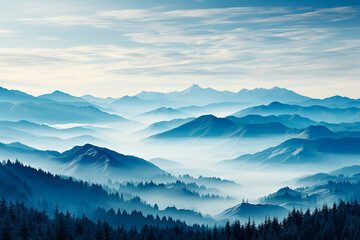 Beautiful wallpaper shades of blue in the blue mountains. Landscape, fog over mountain peaks.