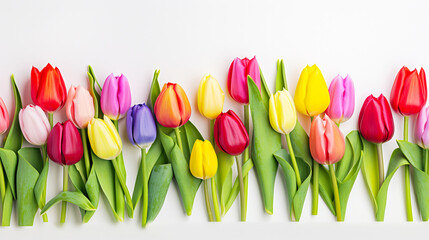  Colorful tulips flowers isolated on white background, fresh green leaves. Generative AI.