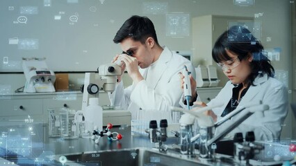 Poster - Researchers and digital data experimenting in the laboratory. Science technology.