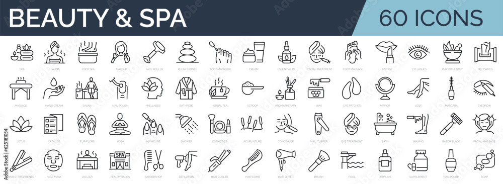 Set of 60 outline icons related to beauty and spa. Linear icon ...
