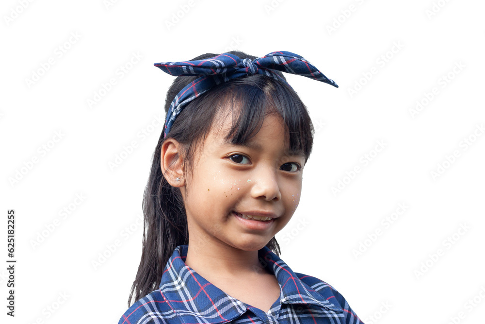 Asian little girl wore a dress and had a headband looking smiling at ...