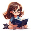 Cartoon little girl reading a book, AI generated Image