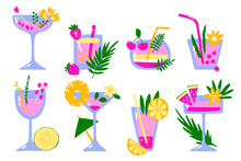 Cartoon Tropical Cocktails Set. Color Drinks On White Background. Hand Drawn Liquor With Straws, Fruits, Berries, Leaves, Spices. Beverage, Soda, Juice In Glasses. Vector Summer Holiday Illustration