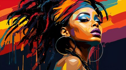 beautiful ethnic african american woman with dark skin with bright makeup, large earrings and huge h