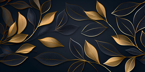 Background with gold and black branches, A black background with gold leaves, Golden and black twig with leaves generative  Ai
