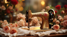 Vintage Sewing Machine And Fabric, Lifestyle, Background, Blurred Generative AI