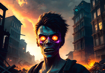 Scary zombie man on the background of the city, zombie Apocalypse. Halloween concept. Generative AI