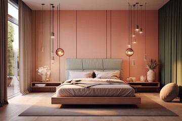Sleek designer bedroom with chic details and natural wood on walls