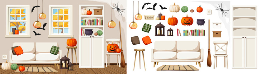 Living room decorated for Halloween. Modern Halloween interior. Furniture set. Interior constructor. Cartoon vector illustration