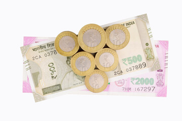 Wall Mural - Top view of indian currency rupees on white background