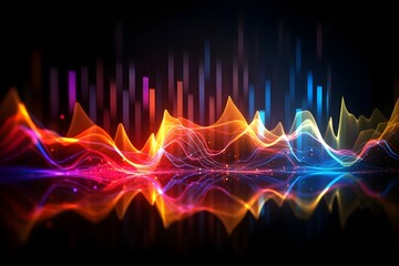 Wall Mural - A photograph of colorful waveforms from a music equalizer set against a dark background, 
a valuable resource for designers working in music-related graphics.