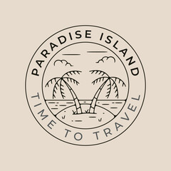 Wall Mural - paradise island beach line art logo vector with emblem template illustration design with palm tree and sun burst icon design.