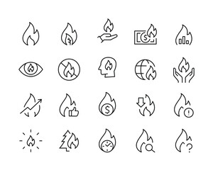 fire flame icon set line set, editable stroke isolated on white, icon linear vector outline illustra