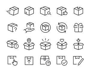 delivery icon set Contains Open Box, Package Return, Wooden Crate Carton, product Packaging boxes Icons. Priority Shipping, Express, Delivery, Tracking Door, editable stroke isolated on white linear