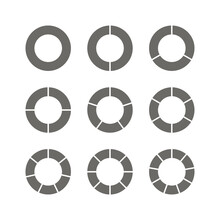 Piechart With Grey Segments. Circle Section Template. Pie Diagram Divided Into Gray Pieces. Circular Chart. Round Structure Graph. Set Schemes With Sectors. Vector Illustration
