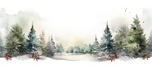 Watercolor Style Snowy Forest With Christmas Trees. Winter Nature Illustration. Concept Of Joyful Holiday Season.