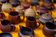 Traditional chinese clay teapots and cups in Jinan culture market store