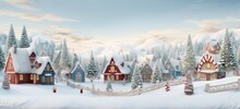 Cute Christmas Houses In Snowy Village. Pastel Winter Wonderland. Concept Of Festive Holiday Charm.