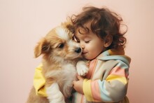 Small Cute Boy Kissing His Little Friend Dog. Symbol Of, Happiness, Friendship And Love. Creative Adorable Summer Scene. Illustration. Generative AI.