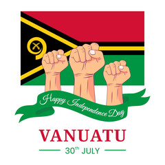 Wall Mural - Vector graphic of Happy Vanuatu Independence Day for greeting card with clenched fist and ribbon