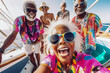 © ADDICTIVE STOCK - Generative AI illustration of group of excited senior African American friends in colorful clothes taking selfie on yacht