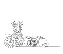  Pineapple, Orange, And Apple One Line Vector. Continuous One Line Drawing Of Fruits. Editable Stroke.