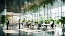 Concept Of A Green Office Space, Captured With A Blurred Effect To Highlight The Serene And Peaceful Environment Cultivated By Integrating Nature Into Workspace Design. Generative AI