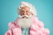 © Santijago - Illustration of happy smiling positive Santa Clause with white hipster beard and hairstyle. Christmas creative idea with grandpa in casual clothes. Pastel colors. Generative AI.