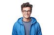 © Omid - Happy Teenage Boy with Glasses and Blue Jacket - Medium Portrait on Transparent Background PNG File for Modern Lifestyle Designs - Generative AI