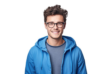 happy teenage boy with glasses and blue jacket - medium portrait on transparent background png file 