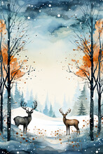 A Painting Of Two Deer In A Snowy Forest. Generative AI. Winter Greeting Card Design, Wintertime Background With Copy Space, Place For Text.
