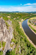 Cover page with birdview over Bastei sandstone rocks near Kurort Rathen village in the national park Saxon Switzerland by Dresden and Elbe river, Saxony, Germany