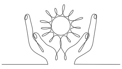 Wall Mural - hands hold sun continuous one line drawn. vector illustration isolated on white.