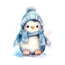 Illustration Watercolor Of A Cute Penguin Wearing Blue Scarf And Winter Lined Pom Hat Sitting On Snow, Warm Cozy Vibe, Concept For Christmas Postcard Isolated White Background, 