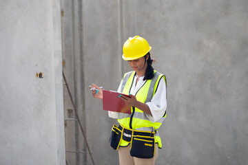 Portrait Asian indian female professional engineer factory. Woman engineering worker in safety hardhat at factory industrial facilities. Heavy Industry  Prefabricated concrete walls