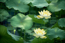 Beautiful White Yellow Lotus Flower And Green Lotus Leaves In Full Bloom In The Pond At Morning With Natural Day Light 