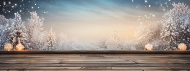 ,old wooden table top with background of christmas celebrate eve decorative christmas tree with snow fall bokeh blur background festive ideas,ai generate