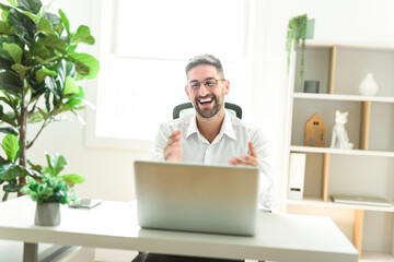 Mature business man using laptop computer in office.