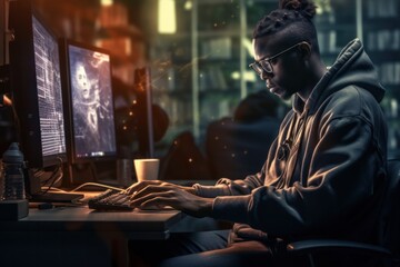 Black coder working on productive project, such as developing software