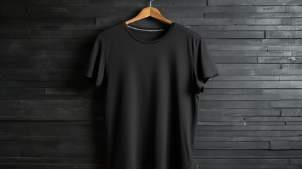 Wall Mural - Black t-shirt on a hanger photo realistic illustration - Generative AI.