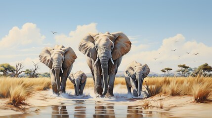 Canvas Print -  a painting of three elephants walking in the sand near a body of water.  generative ai